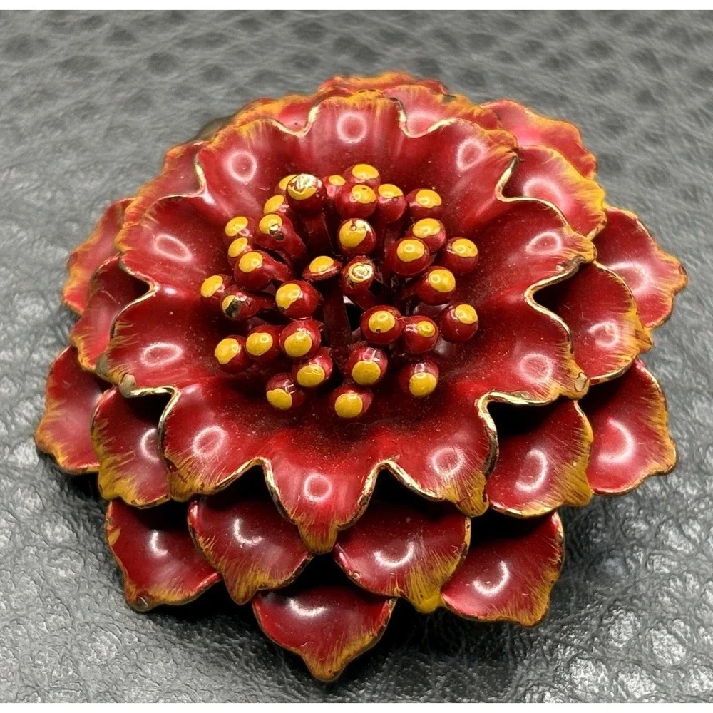 Vintage Red and Yellow Enamel Zinnia Flower Brooch Pin Gold Tone Mod Pop Art